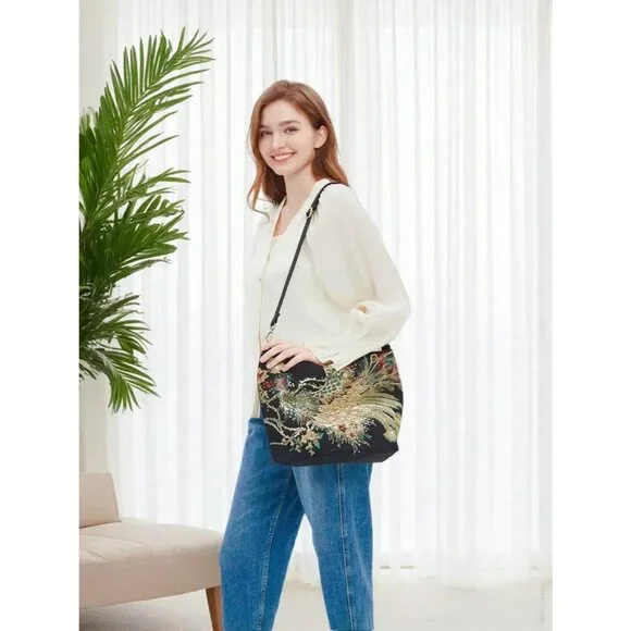 Women's Sequin Embroidery Bird Small Canvas Stylish Casual Shoulder Bags - Picture 3 of 6